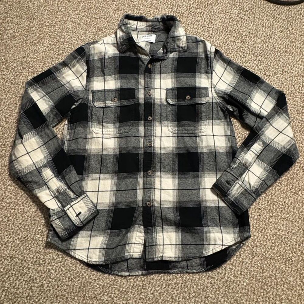 Old Navy Double-Brushed Flannel Shirt Black White Plaid Sz Medium